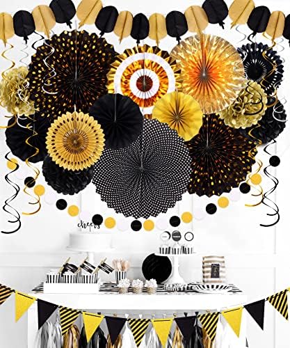 Moon Boat 35PCS Party Decorations Paper Fan Hanging Set - Birthday,Graduation,Baby Shower,Wedding,Retirement,Black and Gold Decor（Black） - Image 6