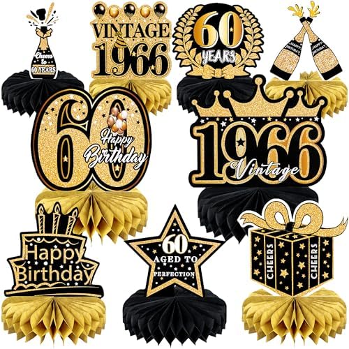 9 Pcs 60th Birthday Decoration for Men Women Table Honeycomb Sixty Decor by MDCGFOD