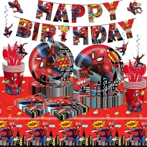 118 Pcs Spider Birthday Party Supplies Set, Spider Theme: 1Banner, 20Cups, 6Hanging Swirls, 30(Spoons+Forks+Knives), 1Tablecloth, 20Plates(9 inch), 20Plates(7 inch), 20Napkins by Unknown
