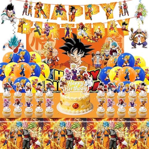 43PCS Dragon Ball Birthday Party Supplies: Banner, Cake Topper, Tablecloth, Backdrop, Cupcake Toppers, Balloons, Aluminum Balloons by KROCEUS