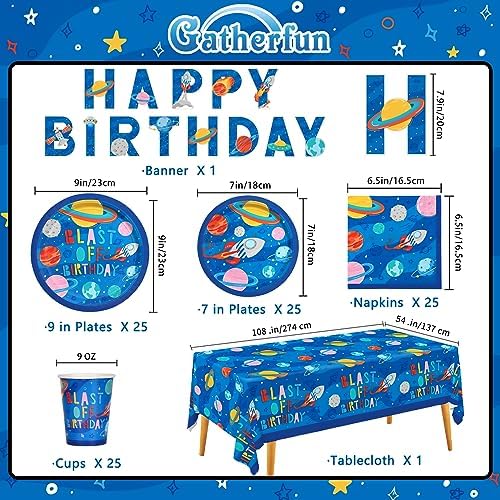 Outer Space Party Supplies - Solar System Planet-Themed Disposable Paper Plates, Napkins, Cups, Tablecloth, and Banner: Ideal Galaxy Space Birthday Decorations for Party of 25 - Image 2
