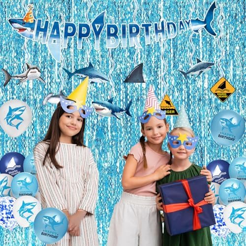 LINHAXM 157 PCS Shark Birthday Party Decorations Includes Plates, Napkins, Cups, Cutlery, Cake Toppers, Banner, Hanging Swirls, Tablecloth, Balloon for Under The Sea Party Decorations - Image 6