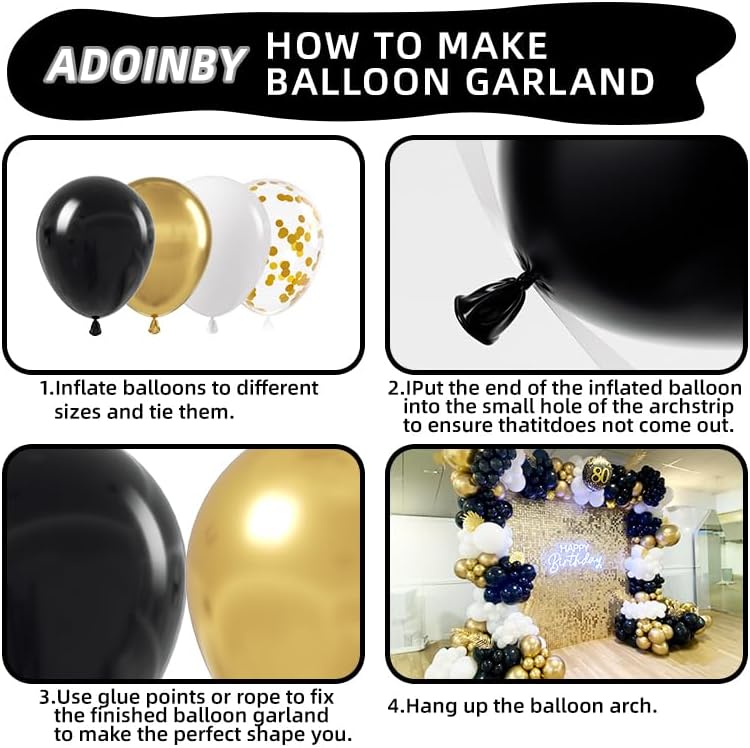 Black and Gold Balloon Arch Kit, ADOINBY 140Pcs Black White Metallic Gold Confetti Latex Balloons 18 12 10 5 Inch Different Size Balloons for Birthday Anniversary Graduation Wedding Party Decorations - Image 3