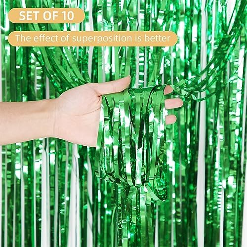 10 Pack Green Foil Curtain Backdrop 3.2ft x 9.8ft Metallic Tinsel Foil Fringe Curtains Streamer Photo Booth Backdrop for Birthday Party Engagement Bachelorette Party Decorations (Green) - Image 2