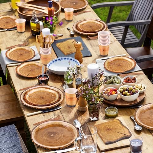durony 144 Pieces Camping Wood Grain Slice Dinnerware Set Rustic Wood Party Supplies Paper Plates Napkins Serve 24 for Forest Themed Party Decorations Camping Birthday Supplies - Image 6