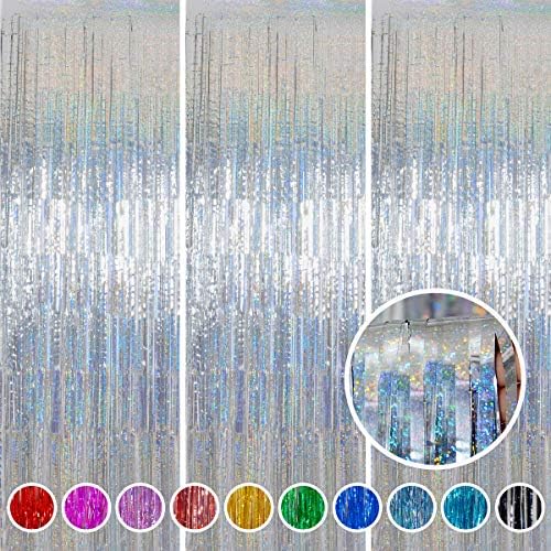 Silver Tinsel Curtain Backdrop 3 Pack, 3.2 x 8.2 FT Party Decorations by Melsan