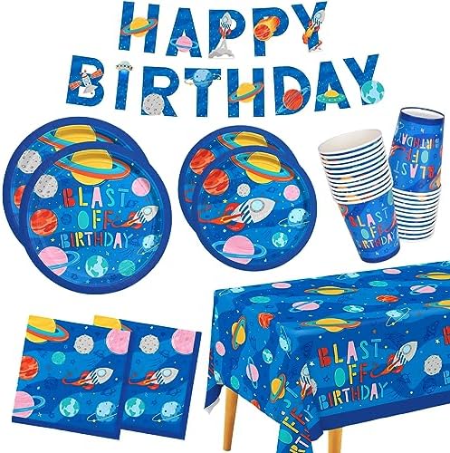 Outer Space Party Supplies - Solar System Planet-Themed Disposable Paper Plates, Napkins, Cups, Tablecloth, and Banner: Ideal Galaxy Space Birthday Decorations for Party of 25 by Gatherfun