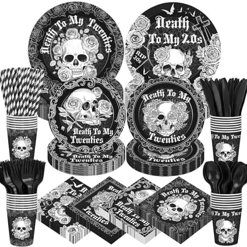450 Pcs Death to My 20s Tableware Set, Serve 50, Black and White by Unknown