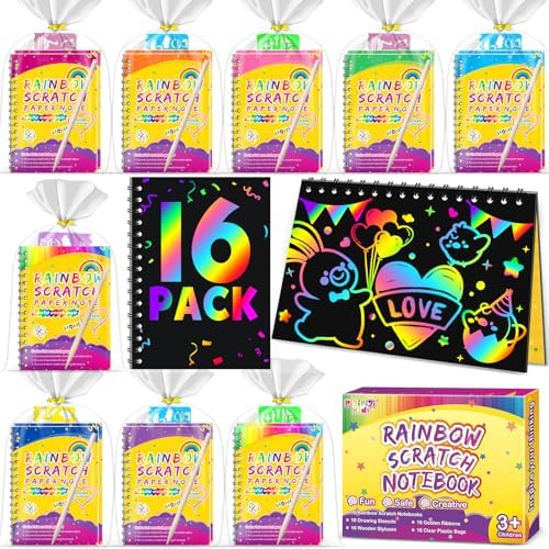 Party Favors for Kids 4-8-12: 16 Pack Scratch Rainbow Art Crafts Notebook by PigipigiKids