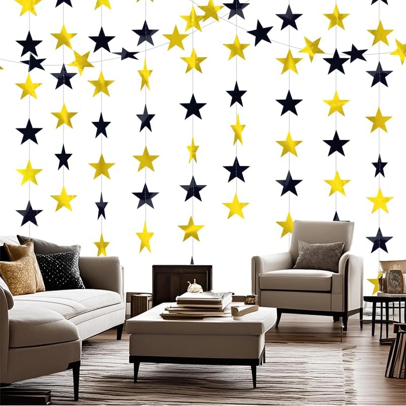 Black and Gold Shining Star Hanging Garland Black Gold Hanging Sparkling Star Streamer Glitter Bunting Banner Twinkle Backdrop for Wedding Baby Shower Birthday Decorations 40 Feet - Image 2