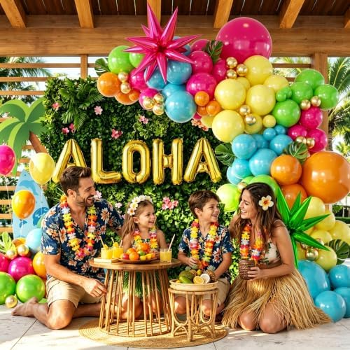 157PCS Flamingo Tropical Luau Balloons Arch Garland Kit, Olive Green Hot Pink Orange Blue Yelloow Gold Balloons with Foil Star Balloons for Summer Beach Aloha Pool Party Decorations Supplies - Image 5
