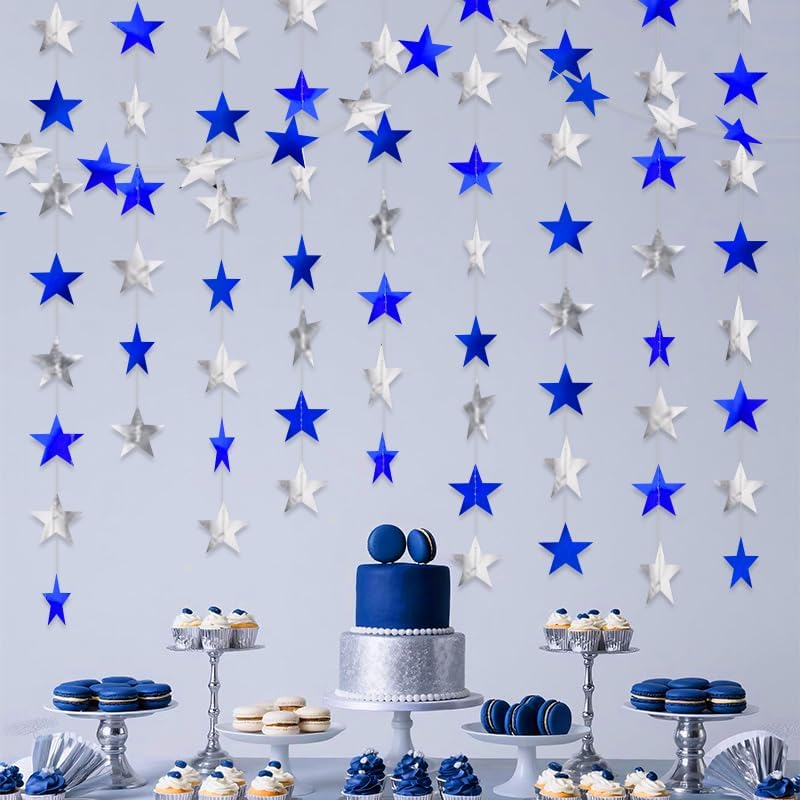 Blue Silver Shining Star Hanging Garland Blue Silver Hanging Sparkling Star Streamer Bunting Banner Twinkle Backdrop for Wedding Baby Shower Birthday Christmas Decorations 40 Feet - Image 2