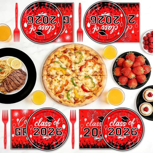 75 Pcs Graduation Plates and Napkins Party Supplies Set,Serves 25 Guests 2026 Red Graduation Plates and Napkins,Disposable Paper Tableware Set for Graduation Party Decorations - Image 4