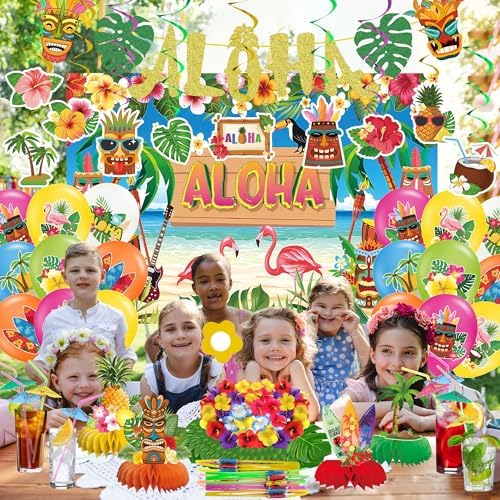 DMIGHT 101PCS Hawaiian Themed Party Decorations Set, Tropical Beach Aloha Summer Party Supplies, Including Backdrop, Table Skirt, Honeycomb Centerpieces, Balloons for Luau, Tiki Birthday Party - Image 5