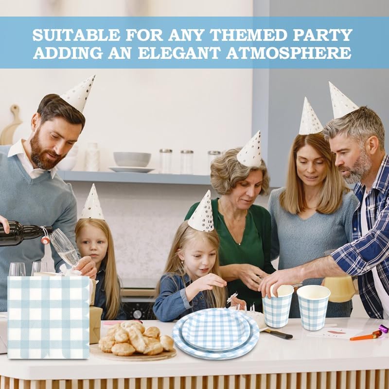 168Pcs Gingham Party Supplies for 24 Guests Thick Paper Plates and Napkins Knives Spoons Forks Cups Disposable Party Set Cutlery for Dinner Baby Shower Wedding Favor(Blue) - Image 6