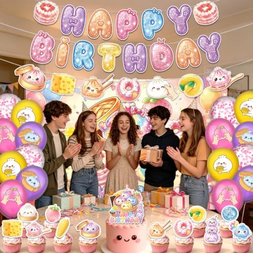 Squishy Birthday Party Decorations - Dumpling Squishy Party Supplies with Backdrop, Banners, Cake & Cupcake Toppers, Balloons for Kids Cute Kawaii Squishy Theme Birthday - Image 5