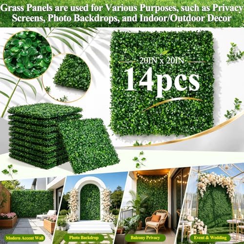 20" X 20" Artificial Grass Wall Panels 14Pcs Greenery Backdrop UV-Protected Faux Boxwood Panels 39 ft² Fake Green Wall Privacy Screen for Outdoor Indoor Decor Party Wedding Garden Fence Decorations - Image 5