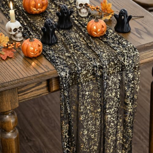 Artoid Mode Black Gold Gauze Table Runner 120 Inch 10FT, Glitter Metallic Foil Sheer Dining Wedding Anniversary Holiday Birthday Table Decor for Home Party by ArtoidMode