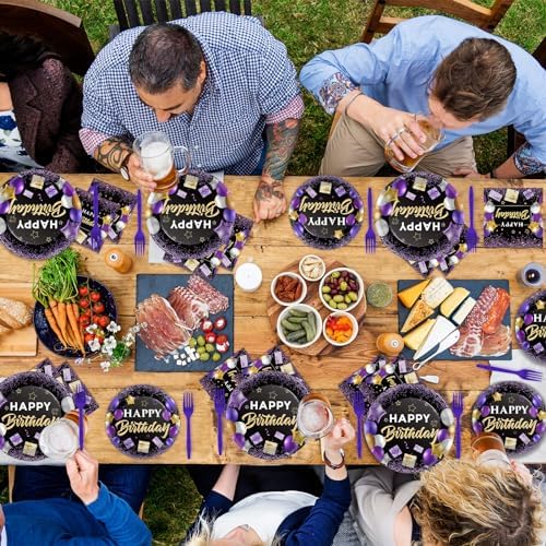 gisgfim 50 Guests Purple Birthday Party Supplies Purple and Black Plates and Napkins Forks Happy Birthday Tableware Paper Plates for Women Girl Party 200PCS - Image 5