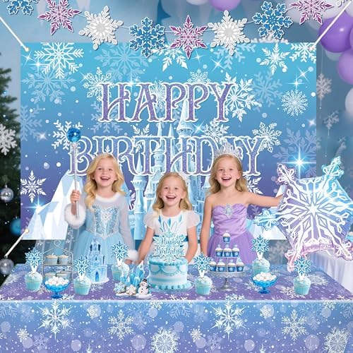 Frozen Birthday Party Decorations For Girls,Happy Birthday Backdrop,Banner,BlueBalloons,Table Cloth,Paper pom poms Party Supplies for Women - Image 3