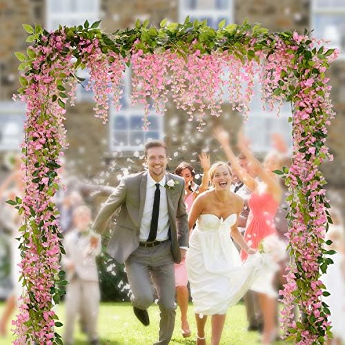 Lvydec Wisteria Artificial Flowers Garland, 4 Pcs Total 28.8ft Artificial Wisteria Vine Silk Hanging Flower for Home Garden Outdoor Ceremony Wedding Arch Floral Decor (Pink) - Image 2