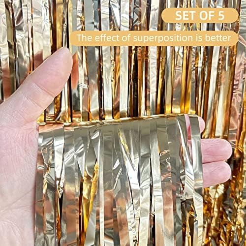 5 Pack Champagne Gold Foil Curtain Backdrop 3.2ft x 9.8ft Metallic Tinsel Foil Fringe Curtains Streamer Photo Booth Backdrop for Birthday Party Engagement Bachelorette Party Decorations - Image 2