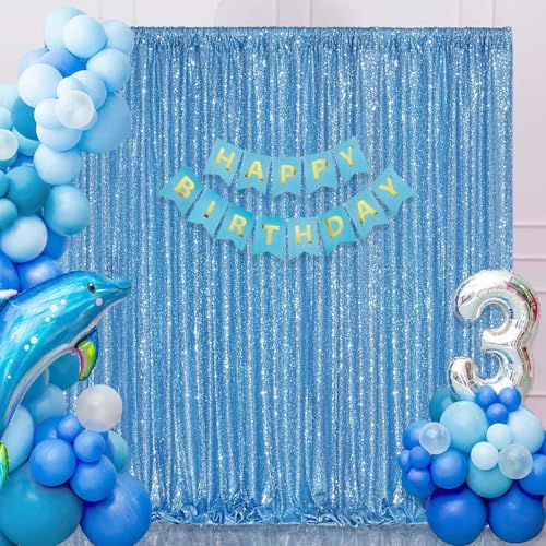 Baby Blue Sequin Backdrop Curtain 8ft x 8ft Sequin Glitter Background - Image 2