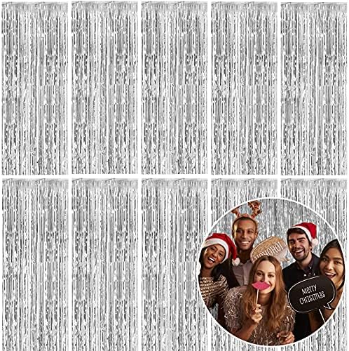 10 Pack Foil Curtain Backdrop Silver Metallic Tinsel Foil Fringe Curtains Photo Booth Props for Birthday Wedding Engagement Baby Shower Bachelorette Christmas Holiday Celebration Party by KEJ
