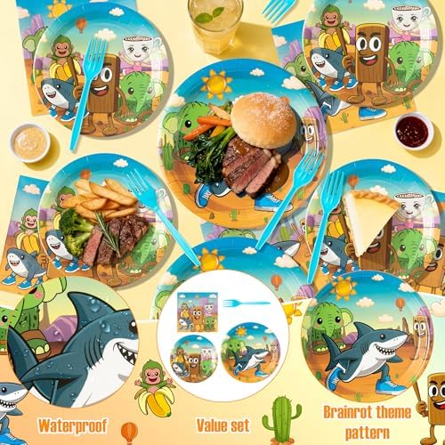 GaofanWai Italian Brainrot Party Tableware - 96PCS Brain Rot Paper Plate Set for Kids, Funny Cartoon Animal Party Decoration Dinnerware Napkin Fork for Brainrot Birthday Baby Shower Supply, 24 Guests - Image 3