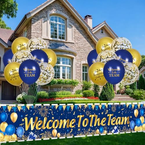 Blue Gold Welcome Team Banner Sign with 18 Balloons for Office Party Decor - Image 2