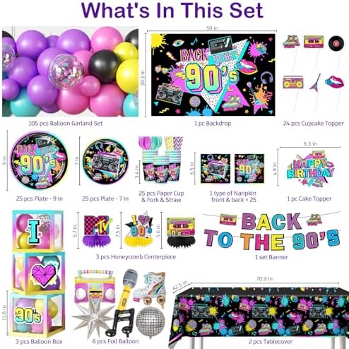 Cocomigo 303PCS 90s Party Decorations Birthday Set Serves 25 - Image 2
