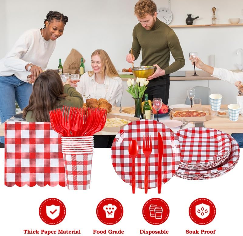 168Pcs Gingham Party Supplies for 24 Guests Thick Napkins and Paper Plates Knives Spoons Forks Cups Disposable Tableware Set Cutlery for Dinner Baby Shower Wedding Favor(Red) - Image 5