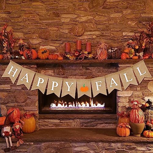 Whaline Happy Fall Pumpkin Burlap Banner Harvest Home Decor Bunting Flag Pre-Assembled Autumn Hanging Garland Party Thanksgiving Day Decoration (White) - Image 4