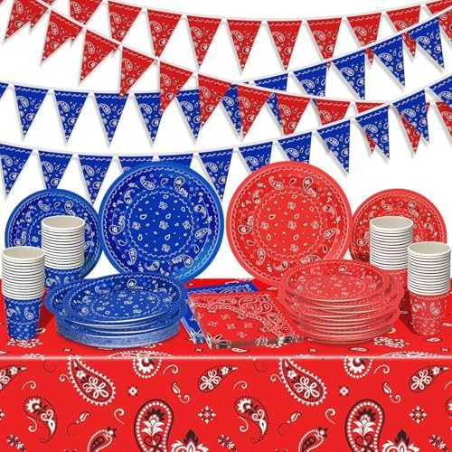 Tegeme 123 Pcs Western Cowboy Party Tableware Set for 30 Guests, Red, Blue by Tegeme