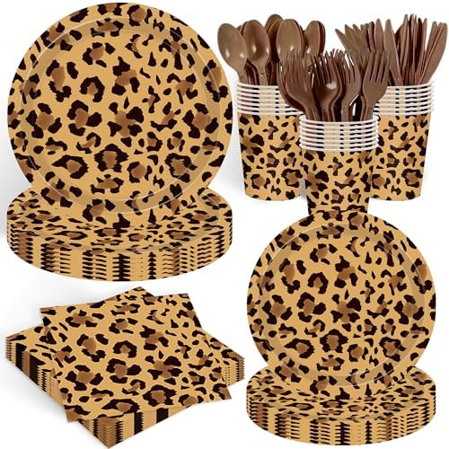 140PCS Leopard Print Party Decorations,Jungle Animal theme Decorations Include Tableware, Plate, Cup, Napkin, Cutlery, Animal Cheetah Print Birthday Party Supplies Serve 20 by Kilyparty