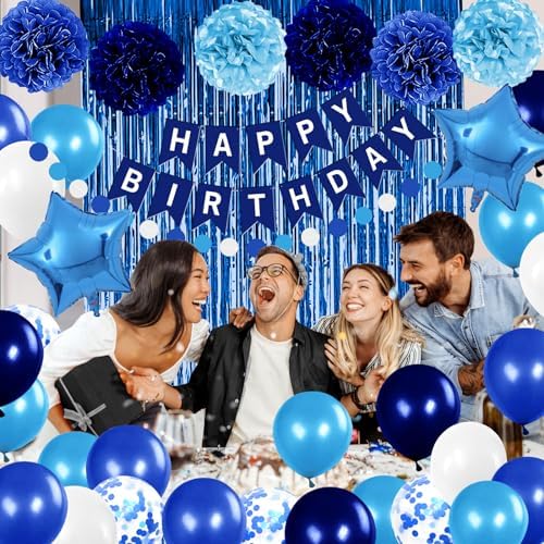 Blue Birthday Party Decorations for Boys Men Happy Birthday Banner Balloons Navy Royal Light Blue Pom Poms Foil Curtain Décor Party Decorations for Baby Boy - Image 5