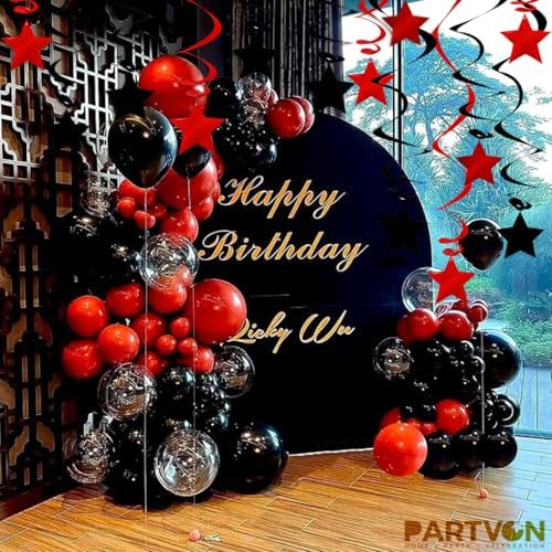 Red Black Hanging Swirl Decorations - 32 Pcs Metallic Ceiling Swirls with Foil Stars, Plastic Streamers for Graduation, Halloween, Casino Night, Birthday, Bachelorette Party Supplies - Image 5