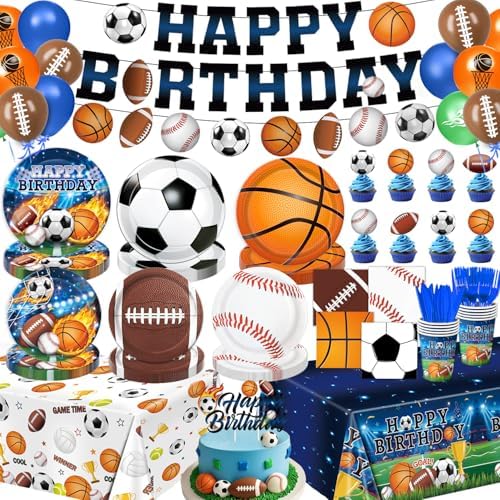 191 PCS Sports Birthday Party Decorations Includes Plates, Napkins, Cups, Knives, Forks, Banner, Cake & Cupcake Toppers, Tablecloth for Sports Themed Party Decorations, Serves 24 by LINHAXM