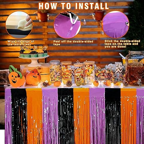 6 Pack 30x108 Inch Halloween Table Skirt Decoration, Metallic Foil Fringe Tinsel Table Skirts, Curtains Backdrop Parade Floats Birthday Halloween Christmas Party Decoration(Black Orange Purple) - Image 4