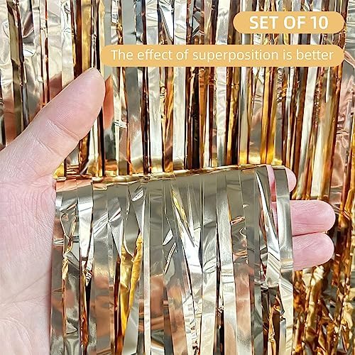 10 Pack Champagne Gold Foil Curtain Backdrop 3.2ft x 9.8ft Metallic Tinsel Foil Fringe Curtains Streamer Photo Booth Backdrop for Birthday Party Engagement Bachelorette Party Decorations - Image 2