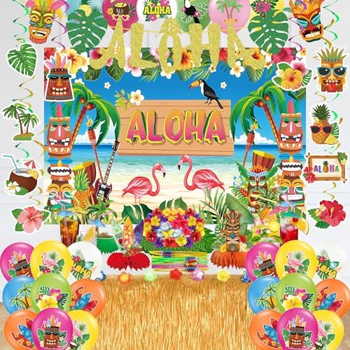DMIGHT 101PCS Hawaiian Themed Party Decorations Set, Tropical Beach Aloha Summer Party Supplies, Including Backdrop, Table Skirt, Honeycomb Centerpieces, Balloons for Luau, Tiki Birthday Party - Image 7
