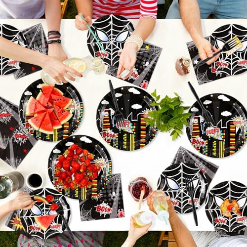 Black Spider Birthday Party Supplies - 96PCS Black Spider Birthday Party Plates and Napkins Forks Disposable Tableware Birthday Parties Table Dinnerware Baby Shower Plates Serve 24 Guests - Image 4