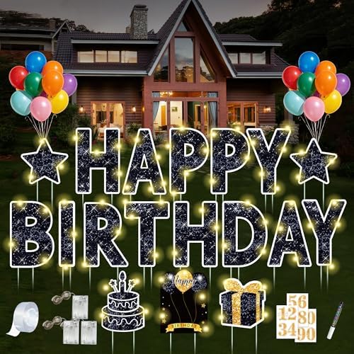 18 Pcs Happy Birthday Yard Sign with Stakes, Black Happy Birthday Yard Sign with 49.2 Ft LED Light, 16 In Large Personalized Happy Birthday Sign, Waterproof Lawn Garden Birthday Party Decorations by ComboJoy