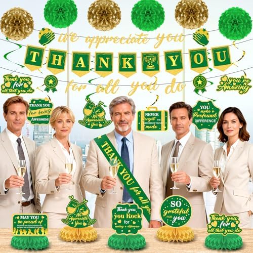 We Appreciate You Party Decorations Green Gold Thank You for All You Do Banner Honeycomb Centerpieces Hanging Swirls for Office Employee Pastor Teacher Doctor Labor Day Boss Appreciation Party Decor - Image 5