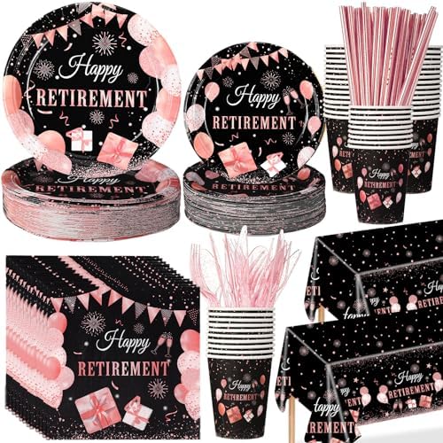 Funnymoom 452 Pcs Retirement Party Decorations Supplies Set Include Rose Gold Retirement Paper Plates Napkins Cups Tablecloth Cutlery Straws for Men Women Say Goodbye Party by Funnymoom
