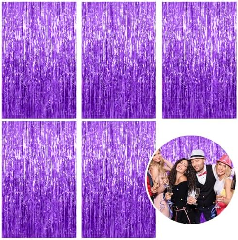 5 Pack Foil Curtain Backdrop Purple Metallic Tinsel Foil Fringe Curtains Photo Booth Props for Birthday Wedding Engagement Baby Shower Bachelorette Christmas Holiday Celebration Party Decorations by KEJ