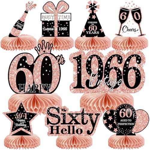 9Pcs 60th Birthday Decorations Honeycomb Centerpieces for Women, Rose Gold Pink Happy 60th Birthday Centerpieces Tables Toppers Party Decorations Supplies, Vintage 1966 Aged Table Sign Decor by MOORAY