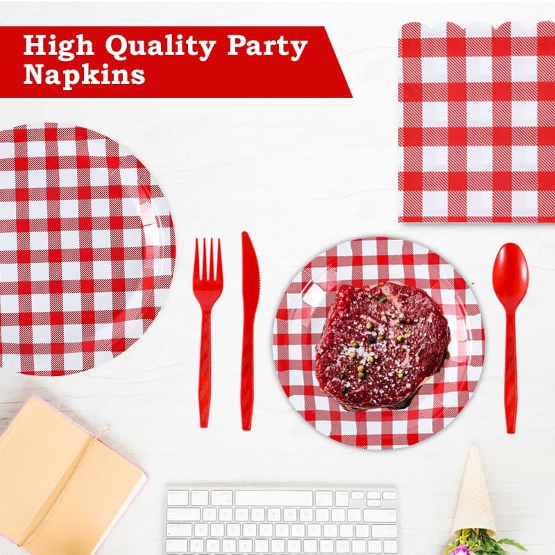 168Pcs Gingham Party Supplies for 24 Guests Thick Napkins and Paper Plates Knives Spoons Forks Cups Disposable Tableware Set Cutlery for Dinner Baby Shower Wedding Favor(Red) - Image 4