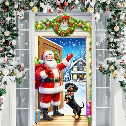 BlissYard Christmas Door Cover Santa Dachshund 70x35 Inch Polyester - Image 6