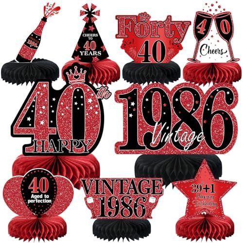 9Pcs 40th Birthday Decorations Red and Black 40th Birthday Party Decorations for Women,Happy 40 Years Vintage 1986 Aged Honeycomb Centerpieces Table Sign Decor Supplies by MOORAY